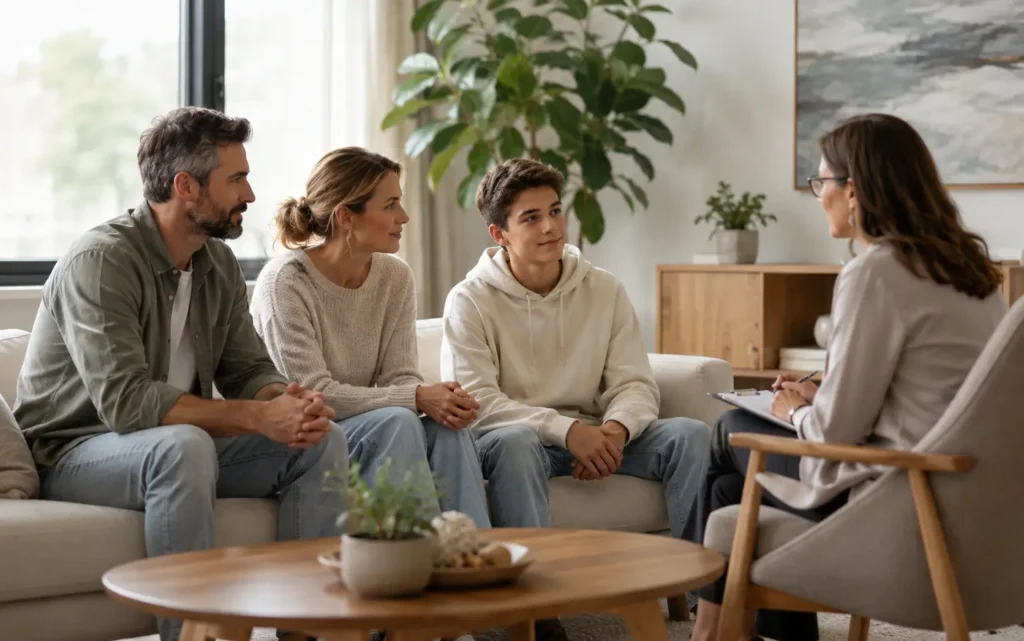 Alt Tag: Therapist conducting a couples and family counselling session with parents and their teenage child in a bright, modern psychotherapy office.
