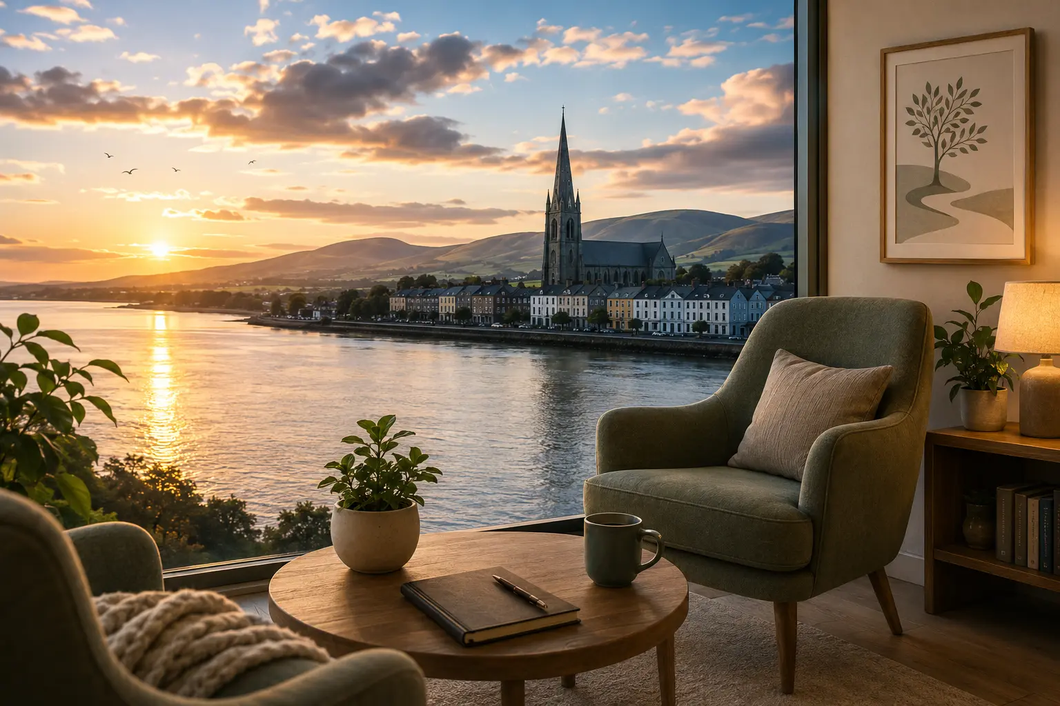 Peaceful counselling room overlooking Dundalk, Co. Louth at sunrise, symbolising existential analysis, self-reflection, meaning, and emotional wellbeing.