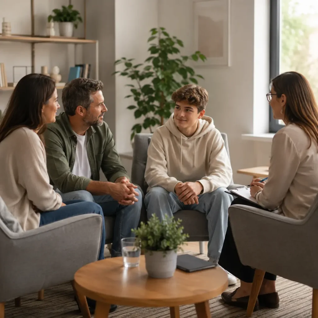 Family participating in a supportive counselling session with a professional therapist in a bright, modern psychotherapy office.