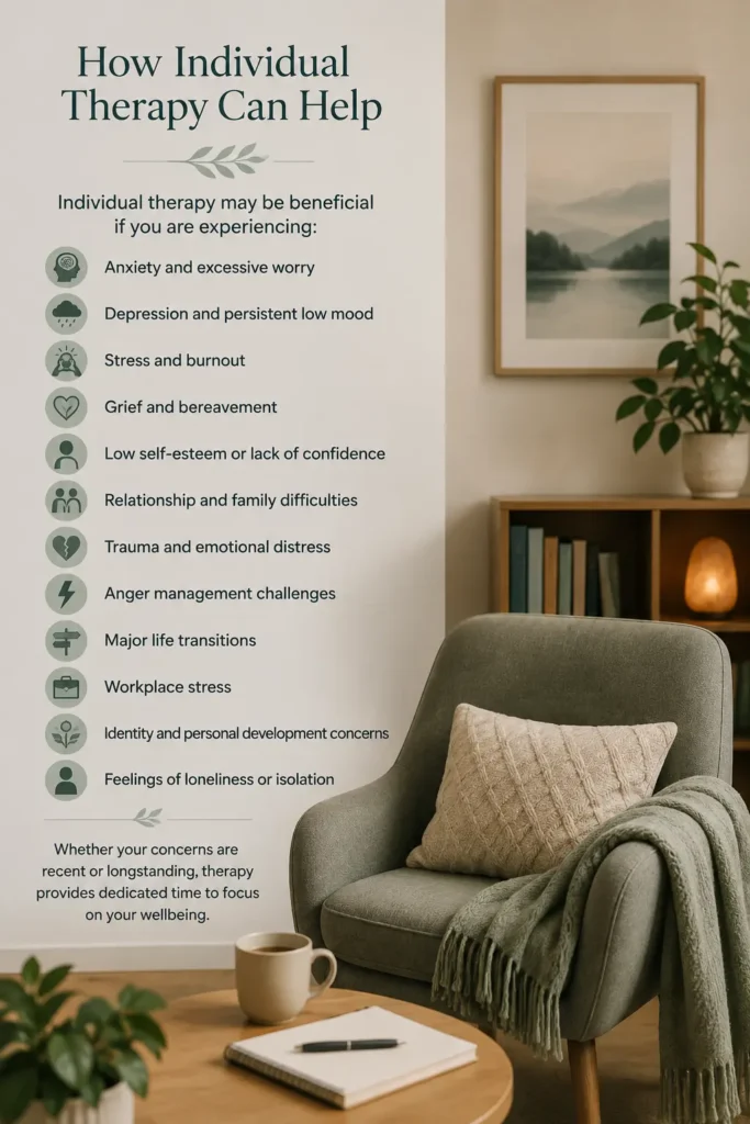 Comfortable counselling room with calming décor symbolising individual therapy support for anxiety, depression, stress, grief, trauma, relationships, and emotional wellbeing.