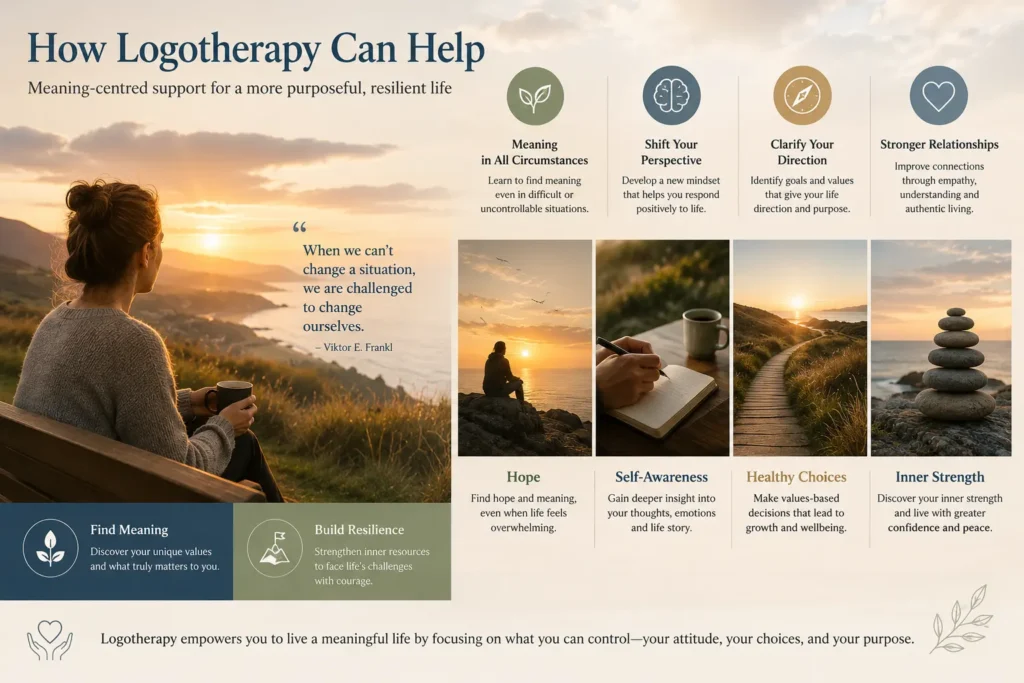 Meaning-centred collage illustrating how logotherapy helps people discover purpose, resilience, hope, self-awareness, and personal growth through reflective life experiences.