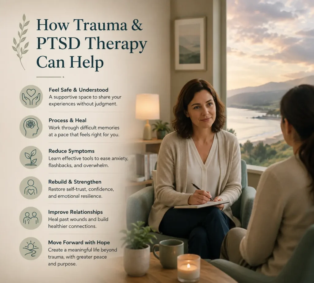 Compassionate therapist supporting a client during a trauma and PTSD therapy session in a calm counselling environment, representing healing, resilience, and recovery.