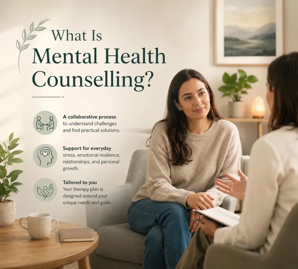 Therapist and client engaged in a supportive mental health counselling session in a calm, welcoming therapy room, illustrating emotional support, resilience, and personalised care.