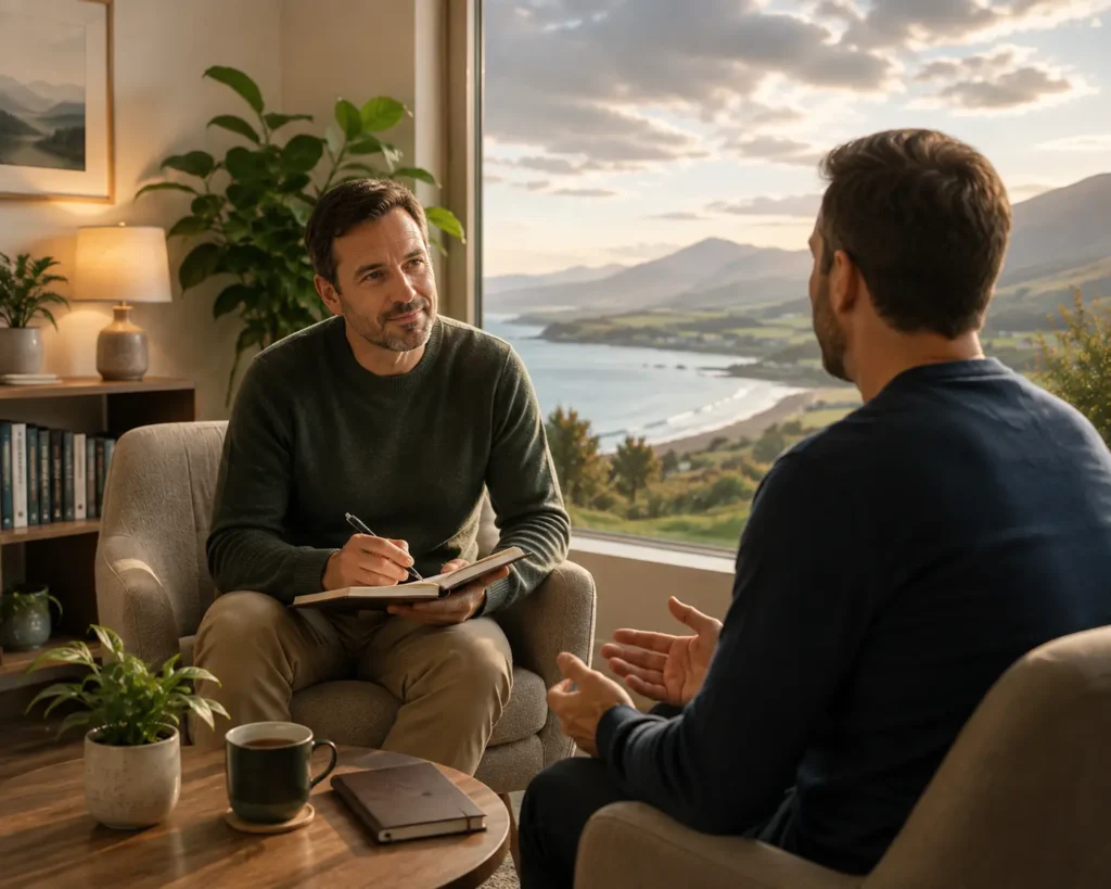 Male life coach and client engaged in a personalised coaching session in a calm, professional environment overlooking the County Louth coastline.