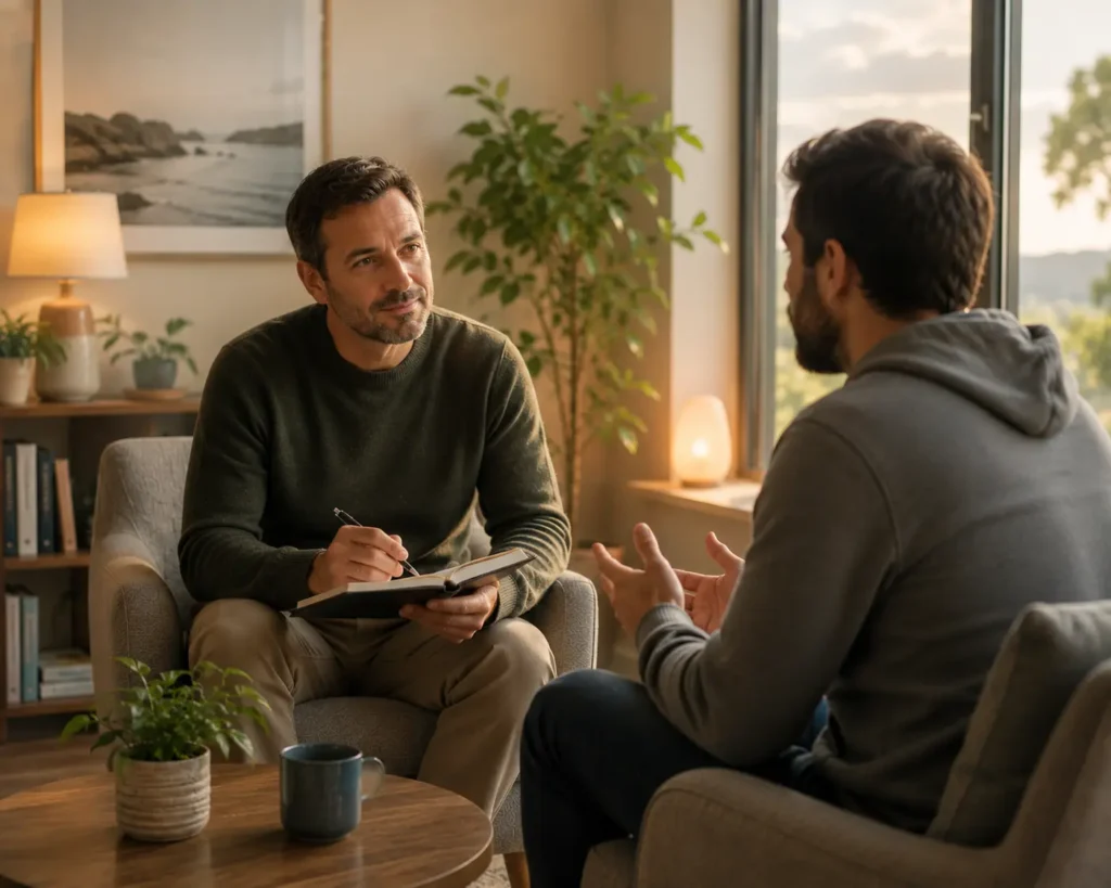 Male therapist and client engaged in a compassionate addiction counselling session in a calm, welcoming therapy room.