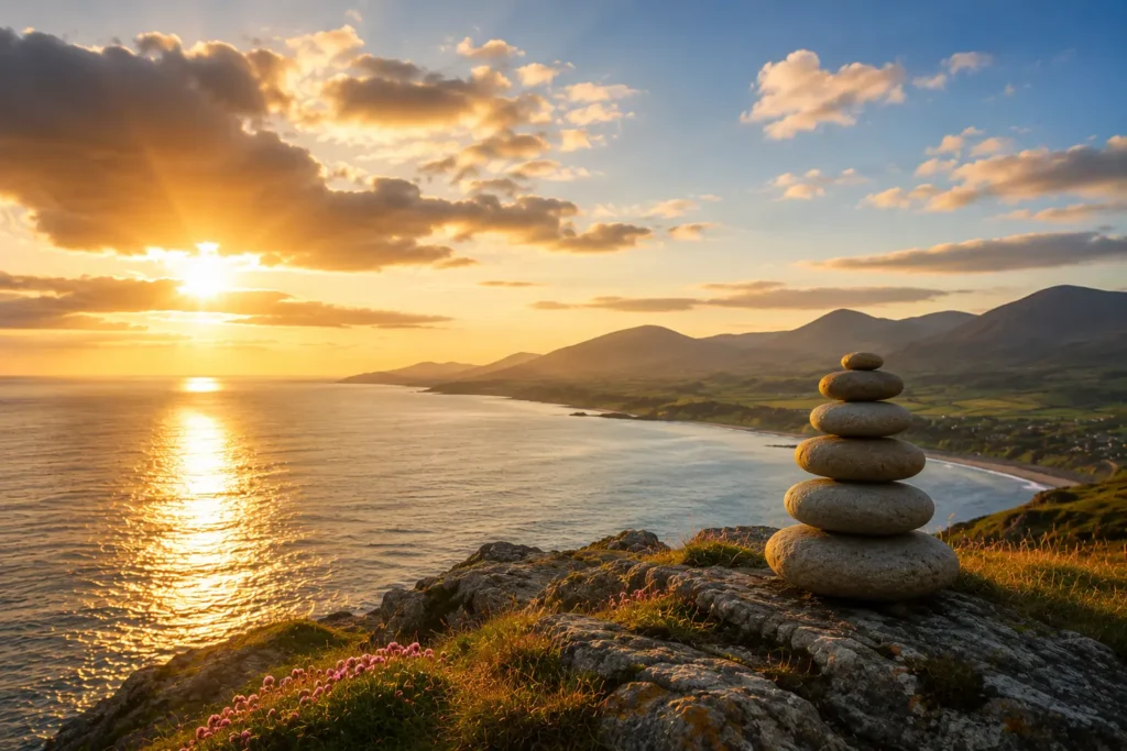 Stone cairn overlooking the County Louth coastline at sunrise, symbolising meaning, purpose, resilience, hope, and personal growth through logotherapy.